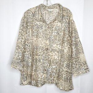 Abstract Animal Mesh Button Front Blouse Top XL Tan Black 3/4 Sleeve Sequins